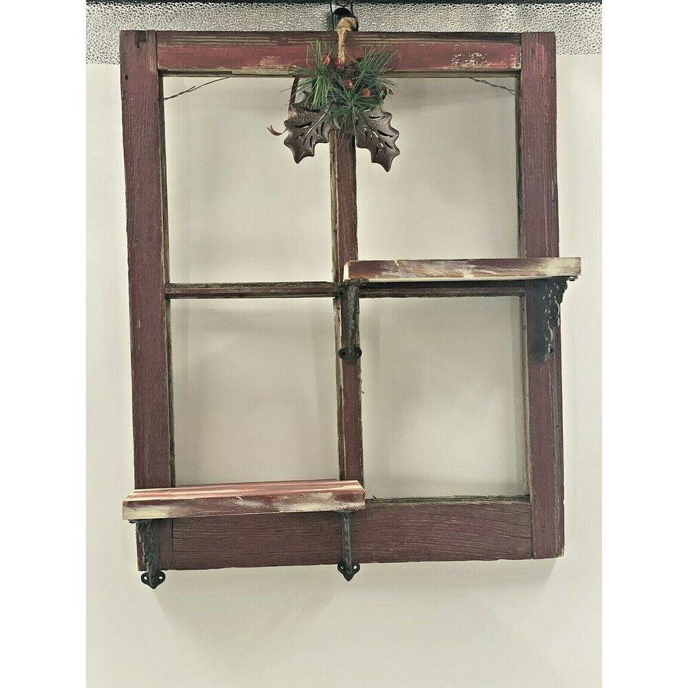 Vintage Red Barn Wood 4 Pane Window Wall Shelf Christmas Hollyberry Shadow Box - Picture 12 of 12